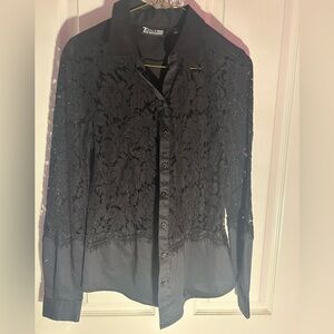 New York & Company Black Lace Button Down Shirt